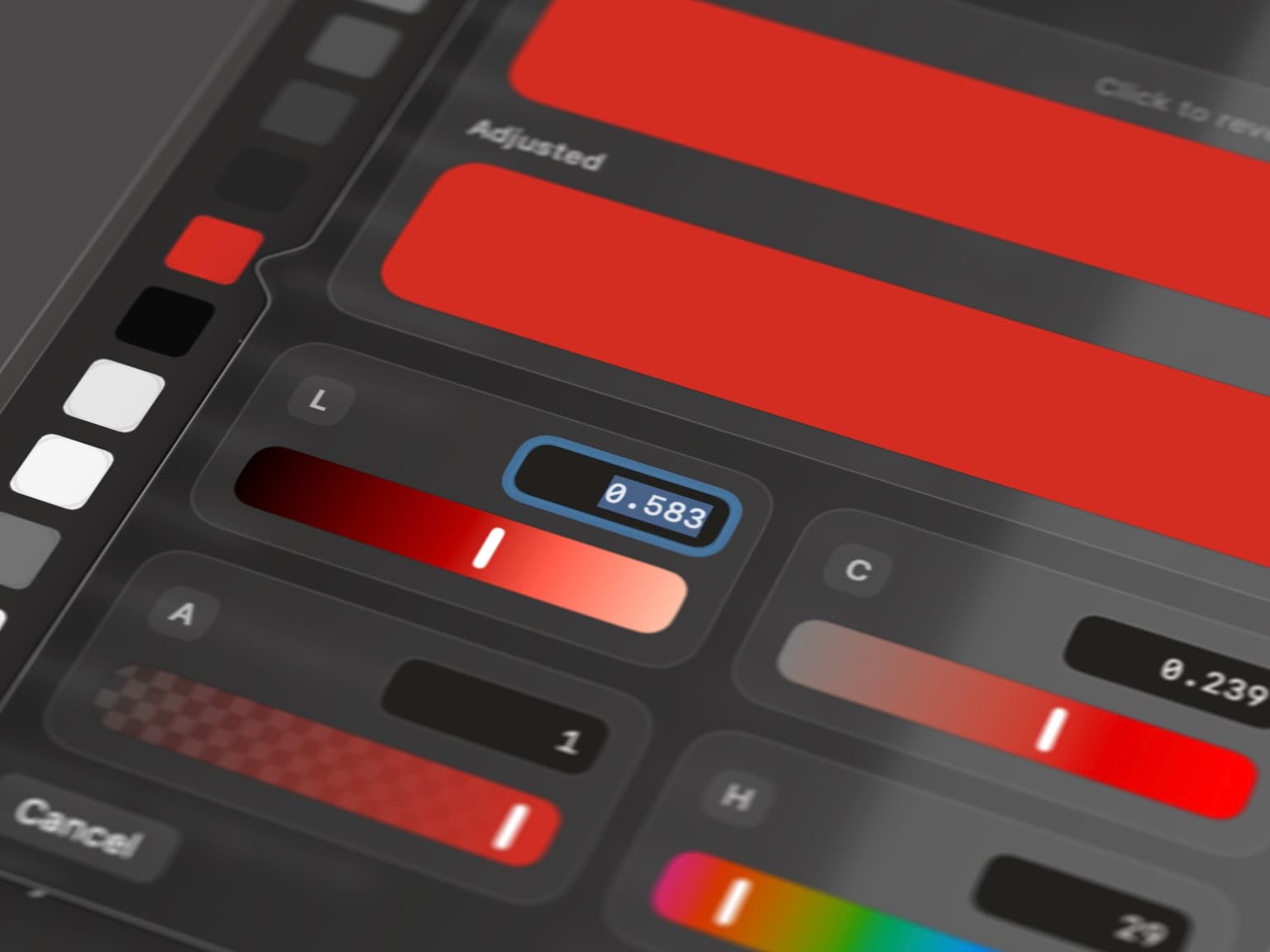 Decise showing the Colors & Gradients inspector with live controls for text, border, and gradient editing.