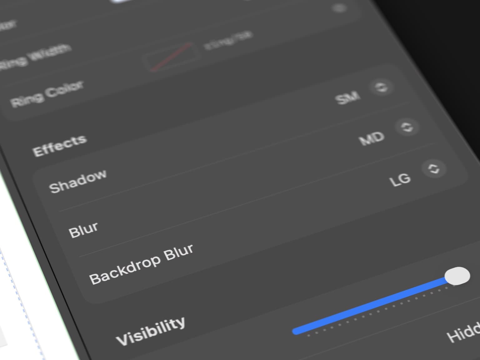 Decise showing the Effects inspector with live controls for shadow, blur, and backdrop blur.