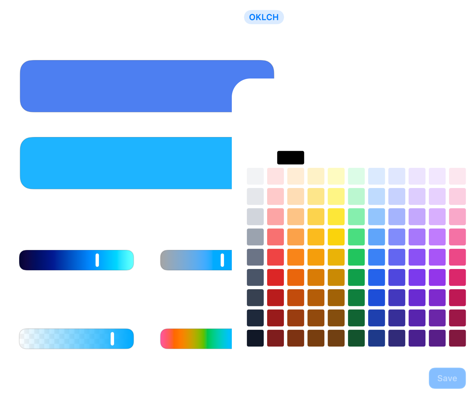 Decise showing the Colors & Gradients inspector with live controls for text, border, and gradient editing.